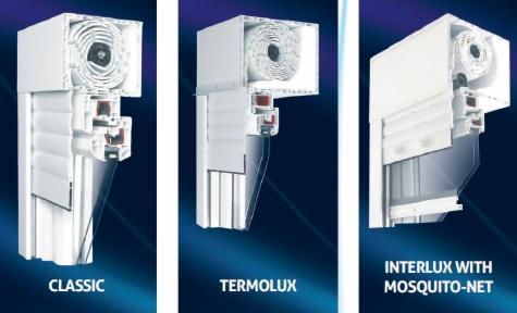 Przekrój trzech modeli rolet okiennych: Classic, Termolux i Interlux z moskitierą. Widoczne detale konstrukcyjne i systemy montażowe na ciemnoniebieskim tle.