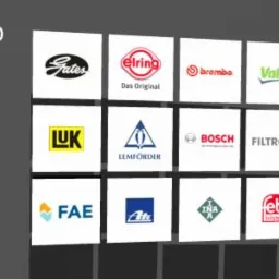Prezentacja logo różnych marek części samochodowych, takich jak Gates, Elring, Brembo, Valeo, Champion, LUK, Lemforder, Bosch, Filtron, Denso, FAE, Ate, INA, Febi Bilstein, Magneti Marelli,...