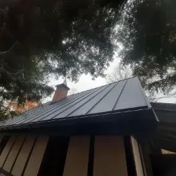 Dach z blachy na budynku szachulcowym, widziany z dołu, z kominem z cegły i gałęziami drzew w tle, po remoncie. Ciemna blacha kontrastuje z jasną elewacją.