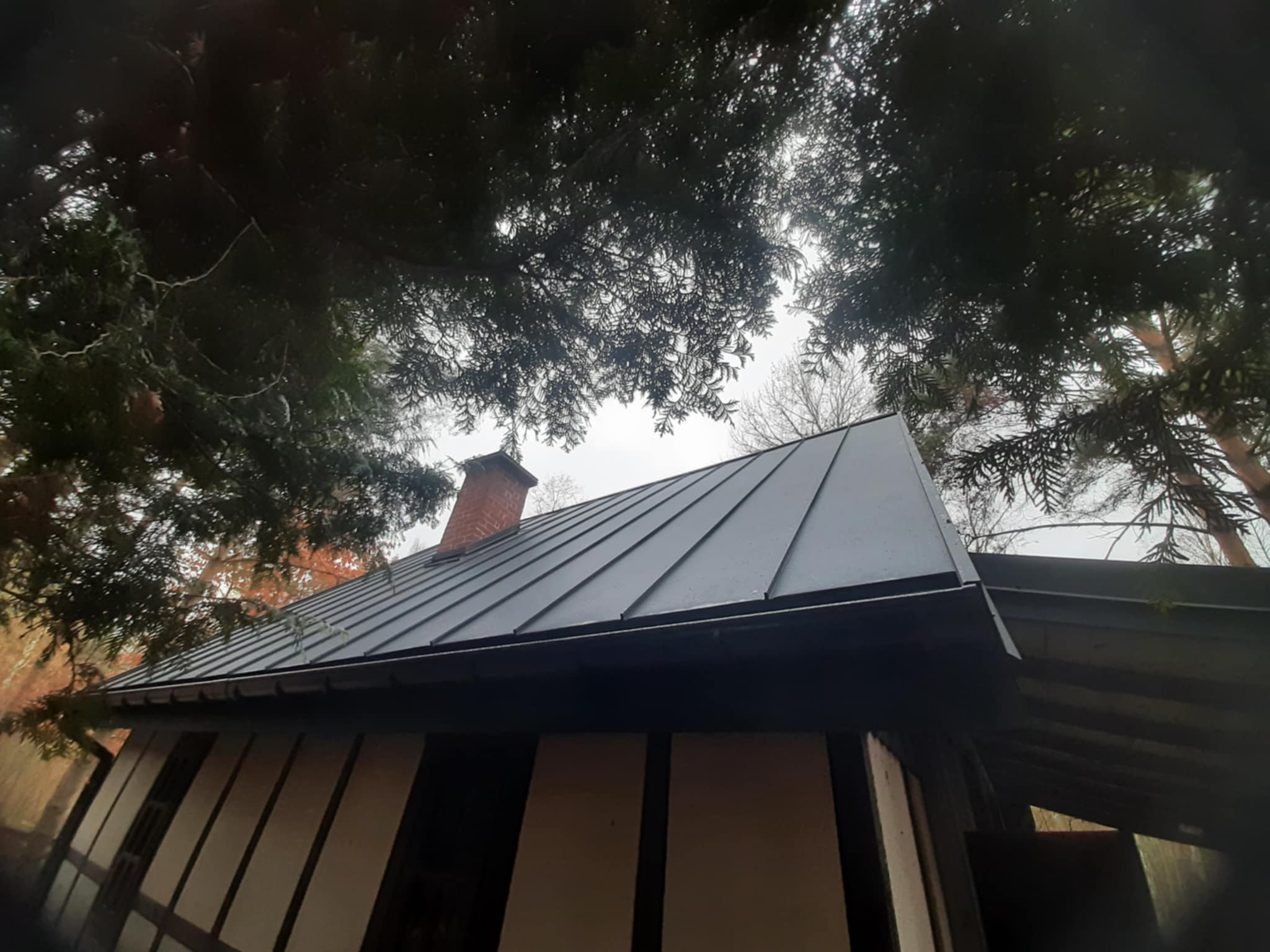 Dach z blachy na budynku szachulcowym, widziany z dołu, z kominem z cegły i gałęziami drzew w tle, po remoncie. Ciemna blacha kontrastuje z jasną elewacją.