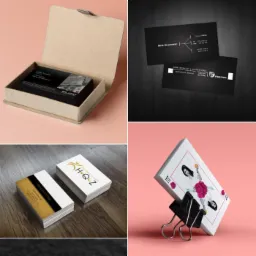 Kompozycja czterech wizualizacji wizytówek o różnej stylistyce i kolorystyce, w tym jedna w otwartym pudełku, inna na ciemnym tle, kolejna ułożona w stosy na drewnianym blacie i ostatnia...