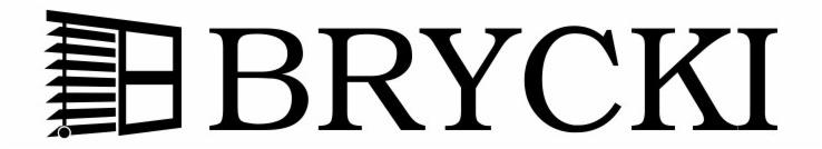 Logo firmy Brycki z symbolem żaluzji po lewej stronie nazwy. Minimalistyczny projekt w czerni i bieli, prosta typografia.