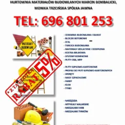 Ogłoszenie składu budowlanego Budrol z rabatem 5%. Widoczne materiały budowlane, narzędzia i lista asortymentu. Numer telefonu kontaktowego.