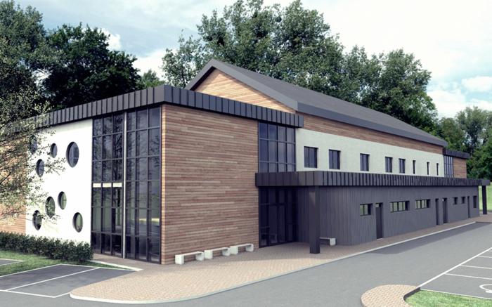 Wizualizacja budynku usługowego z drewnianą elewacją i oknami o nietypowym, okrągłym kształcie. Widoczne miejsca parkingowe i zieleń wokół budynku.