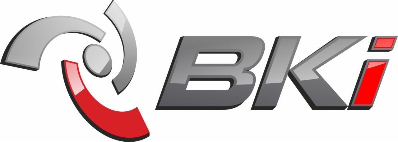 Graficzne logo firmy BKI z szarymi literami i czerwonym akcentem. Symbol z łukami i okręgiem po lewej stronie. Nowoczesny, trójwymiarowy design na białym tle.