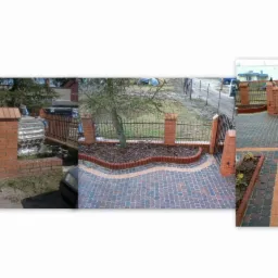 Kolaż: przed i po ułożeniu kostki brukowej. Widoczny fragment posesji z nową nawierzchnią, obrzeżami i ogrodzeniem z cegły, kontrastujący z widokiem przed realizacją.