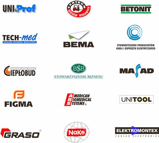 Kompilacja różnorodnych logotypów firm, prezentowanych na białym tle, z wyraźnymi nazwami i symbolami graficznymi, w układzie siatki.