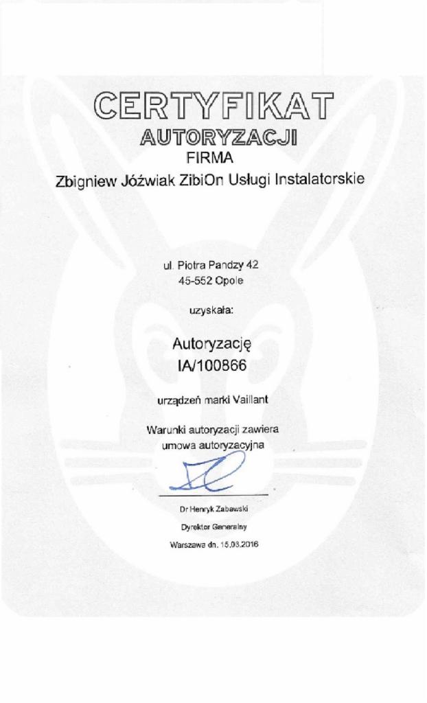 Skan certyfikatu autoryzacji firmy Zbigniew Jóźwiak Zibion Usługi Instalatorskie na urządzenia marki Vaillant, wydany w Warszawie dnia 15.03.2016.