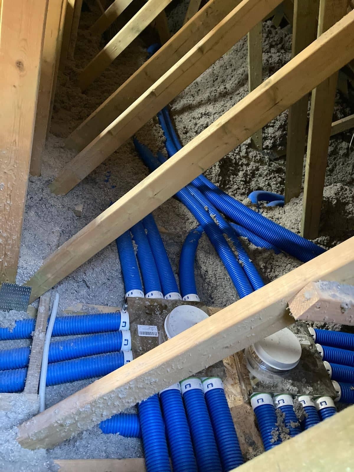 Niebieskie, karbowane rury wentylacyjne rozprowadzone w przestrzeni poddasza, widoczne drewniane elementy konstrukcyjne dachu i izolacja z wełny mineralnej.
