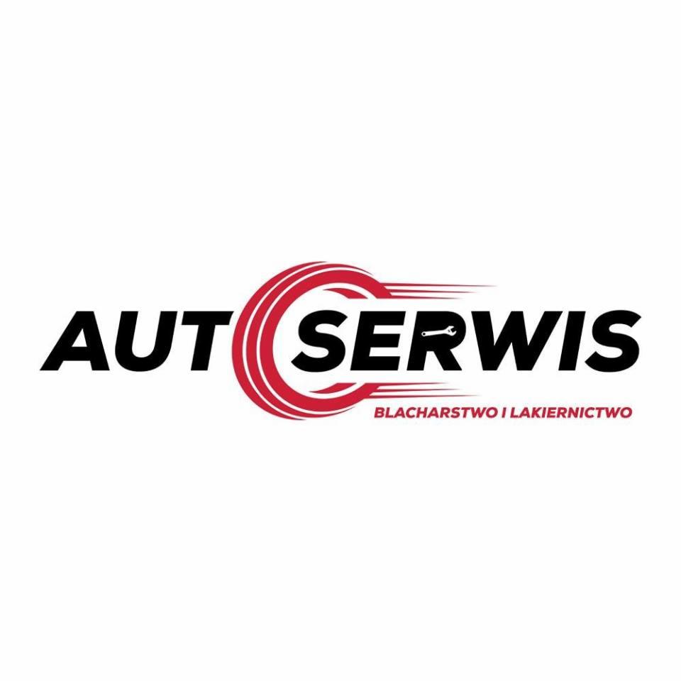Logo auto serwisu z napisem 'AUT SERWIS' i dopiskiem 'Blacharstwo i Lakiernictwo', stylizowane na ruch, z czerwonymi elementami graficznymi.