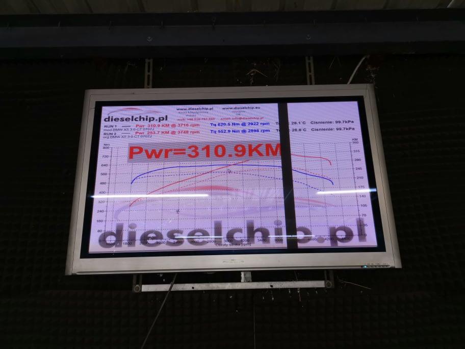 Ekran z wynikami pomiaru mocy i momentu obrotowego silnika BMW X5 3.0 CT po chip tuningu, prezentujący wykresy i dane z dwóch przebiegów testowych. Widoczny adres strony internetowej firmy tuningowej.