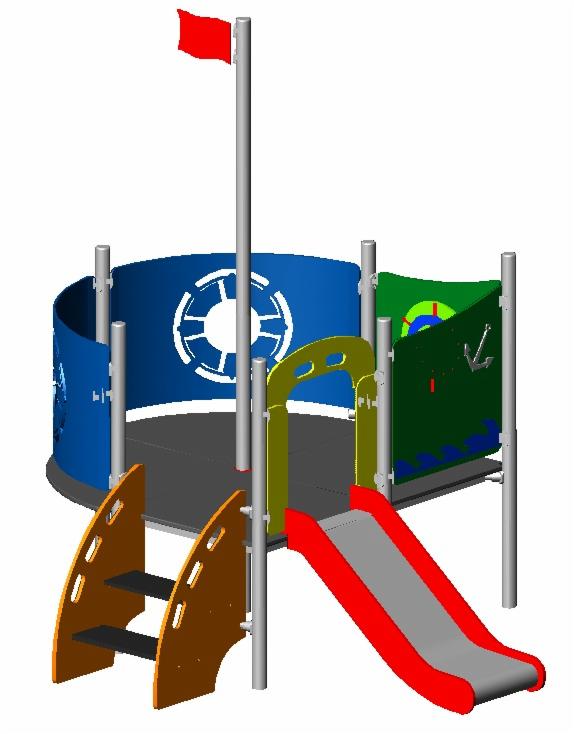 Wizualizacja 3D statku pirackiego jako elementu wyposażenia placu zabaw, z czerwoną flagą na maszcie, schodami i zjeżdżalnią.