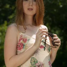 Portret rudej kobiety w kwiecistej sukience, trzymającej okulary przeciwsłoneczne na tle zieleni.