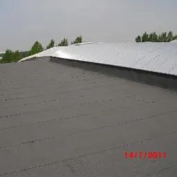 Szczelny, płaski dach pokryty papą termozgrzewalną. Widoczny fragment dachu łukowego z blachy trapezowej. W tle zieleń drzew i zabudowa miejska, pochmurne niebo.