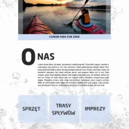 Projekt strony WWW z widokiem na jezioro i kajaki o zachodzie słońca, sekcja 'O nas', 'Sprzęt', 'Trasy spływów', 'Imprezy' w stylistyce wodnej.