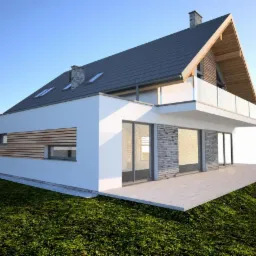 Wizualizacja nowoczesnego domu jednorodzinnego z płaskim dachem, balkonem z szklaną balustradą i elewacją z elementami drewnianymi, widzianego z perspektywy trawnika.