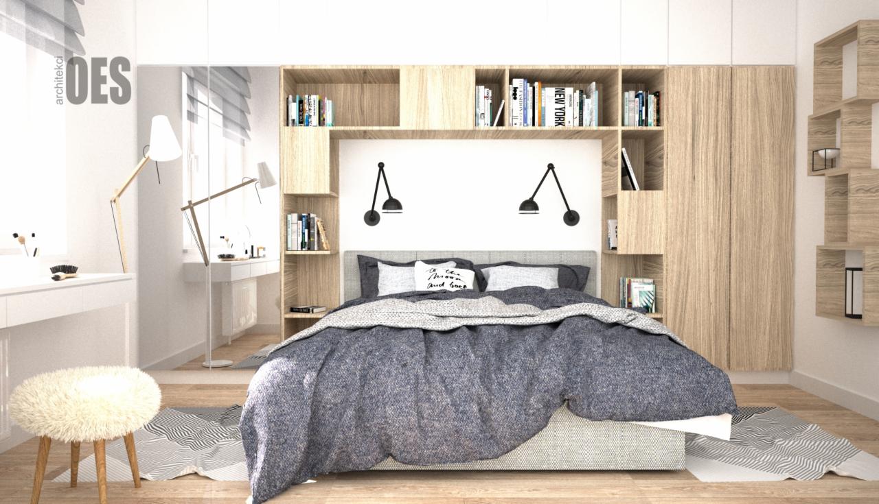 Wizualizacja sypialni z zabudową meblową z jasnego drewna, łóżkiem z szarą pościelą i poduszką z napisem, toaletką z lustrem i puszystym stołkiem.