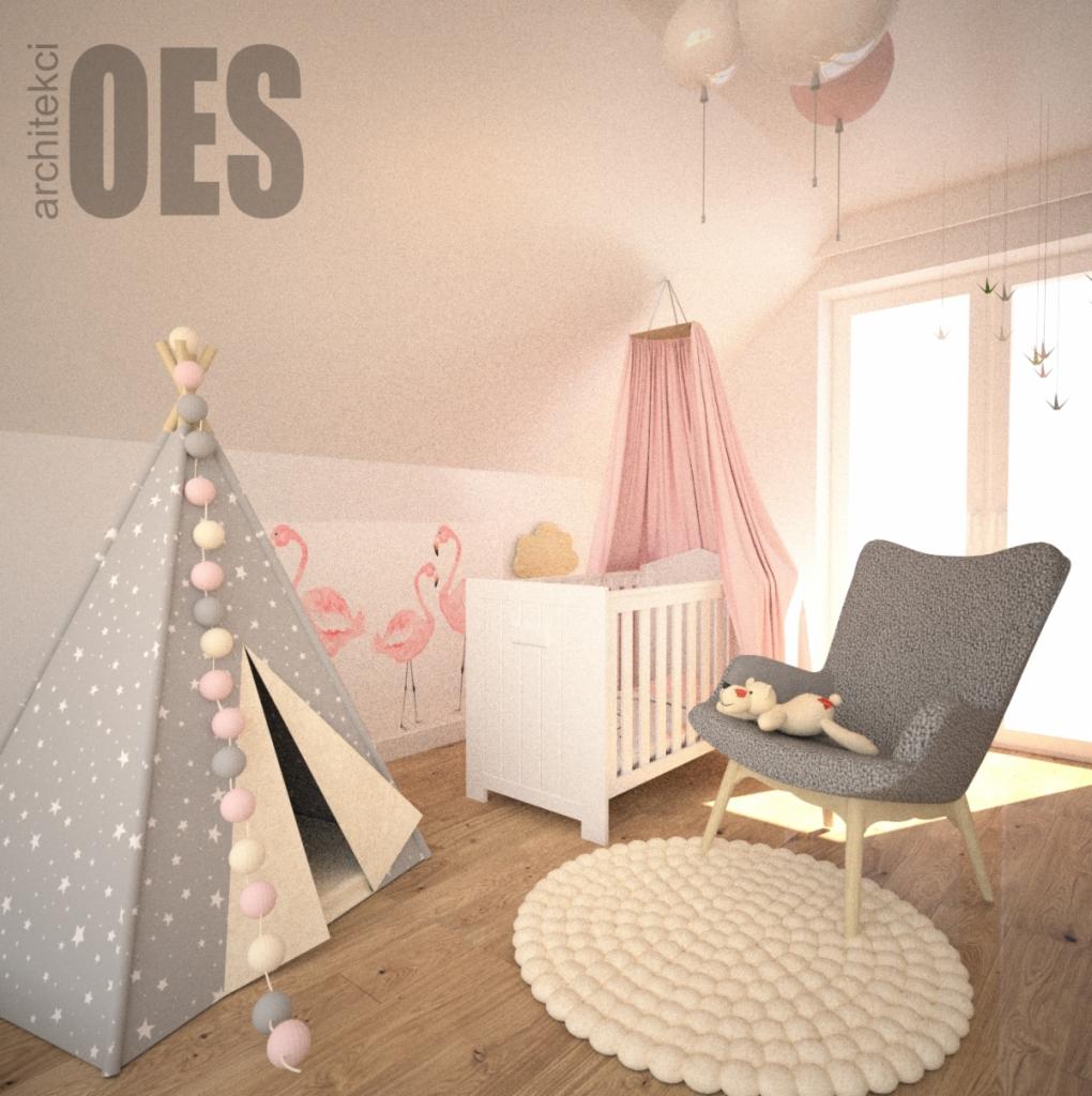 Wizualizacja pokoju dziecięcego w pastelowych kolorach: białe łóżeczko pod baldachimem, szary fotel z pluszowym misiem, tipi w gwiazdki i dywan z grubych włóczek, ściana z motywem flamingów.