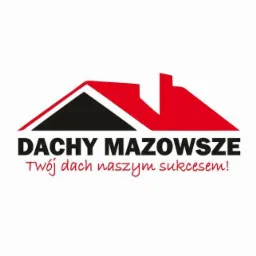 Logo firmy 'Dachy Mazowsze' z graficznym symbolem dachu w kolorach czarnym i czerwonym. Hasło firmy: 'Twój dach naszym sukcesem!'.