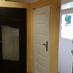 Ekspozycja: drzwi wewnętrzne czarne z szybą i białe z poziomymi panelami, klamki, ościeżnice w ciepłym odcieniu, w tle okno z roletami.