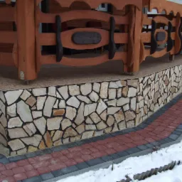 Wykończenie podstawy altany kamieniem elewacyjnym i kostką brukową w kolorach czerwieni i szarości. Zimowy krajobraz z elementami śniegu. Dekoracyjne drewniane elementy altany.