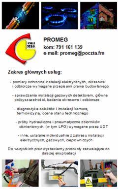 Ogłoszenie firmy PROMEG z ofertą pomiarów elektrycznych, sprawdzeń instalacji gazowych, diagnostyki termowizyjnej i prób szczelności. Widoczne logo i dane kontaktowe.