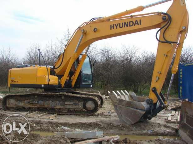 Żółta koparka Hyundai 250LC-9 na błotnistym terenie, z widocznym łyżką i gąsienicami, na tle drzew i częściowo widocznego kontenera.