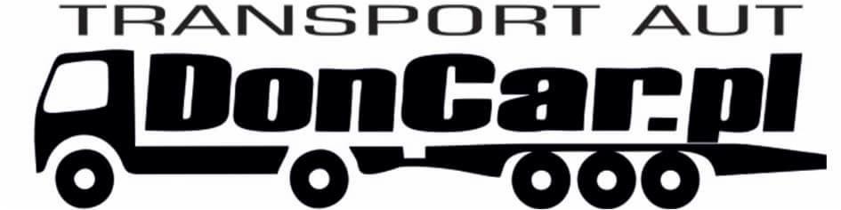Czarno-białe logo firmy transportowej DonCar.pl w formie sylwetki lawety z napisem TRANSPORT AUT.