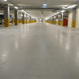 Szara posadzka przemysłowa z żółto-czarnymi pasami na filarach w hali garażowej. Perspektywa z dołu, widoczny człowiek w oddali.