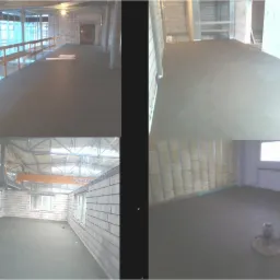 Cztery ujęcia z budowy: świeżo wylana, szara posadzka w surowym stanie, na jednym ujęciu widoczna maszyna do wygładzania posadzki.