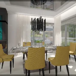 Wizualizacja jadalni z kominkiem wykończonym turkusową okładziną, marmurowym stołem i żółtymi krzesłami na czarnych nogach, oświetlona nowoczesną, czarną lampą zwisającą z lustrzanego sufitu.