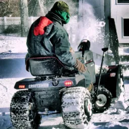 Mężczyzna w zielonej kominiarce i kurtce z czerwoną naszywką odśnieża podjazd traktorkiem z pługiem, śnieg pryska na boki.