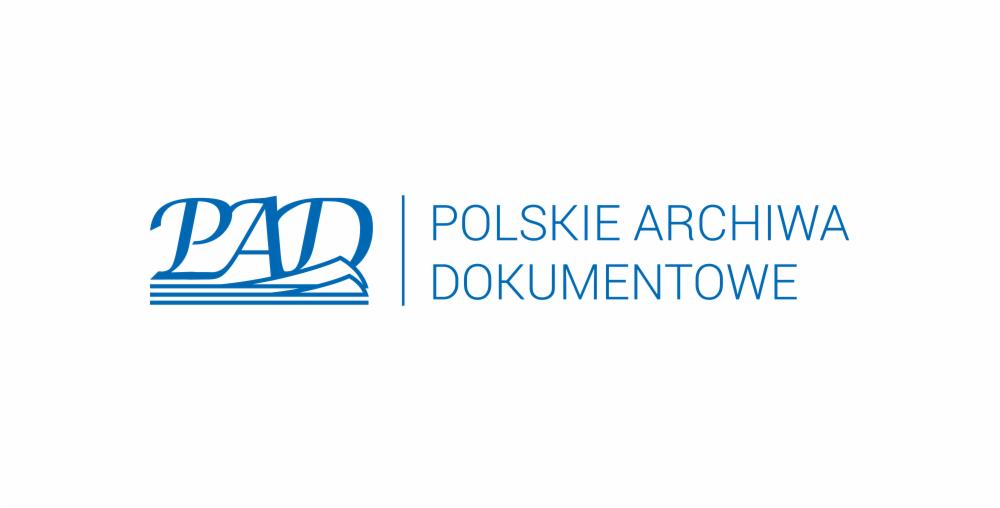 Niebieskie logo 'PAD' z trzema liniami symbolizującymi dokumenty, obok napis 'POLSKIE ARCHIWA DOKUMENTOWE' również w kolorze niebieskim.
