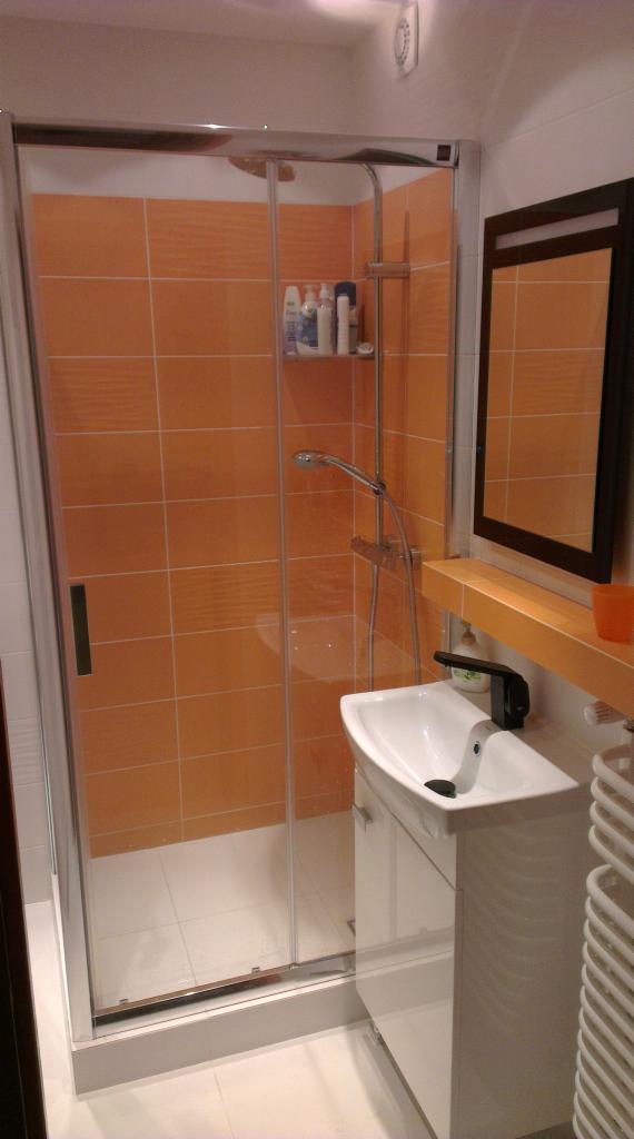 Pomarańczowe płytki z fugą w kabinie prysznicowej, biała umywalka i grzejnik drabinkowy w wykończonej łazience z czarną armaturą i lustrem.