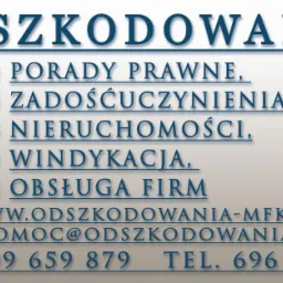 Logo firmy MFK Odszkodowania z ofertą: porady prawne, zadośćuczynienia, nieruchomości, windykacja, obsługa firm. Kontakt: strona www i numery telefonów.