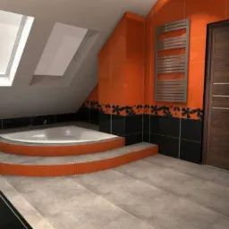 Wizualizacja łazienki na poddaszu z pomarańczowo-czarnymi płytkami, wanną na podwyższeniu z dwoma stopniami i oknami dachowymi.