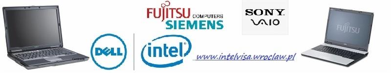 Laptopy Dell i Fujitsu Siemens obok logo marek Intel, Sony, Fujitsu. Reklama serwisu komputerowego z Wrocławia. Prezentacja różnych producentów.