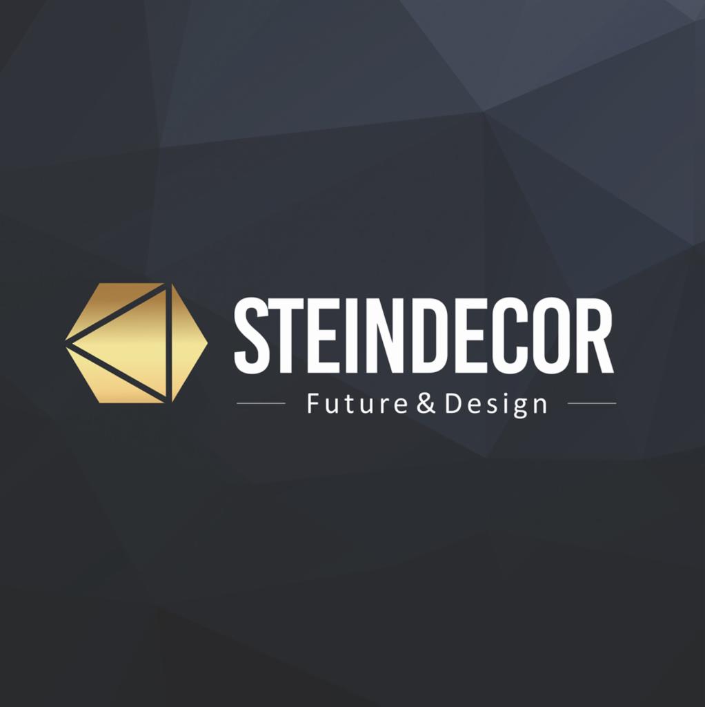 Logo firmy STEINDECOR z hasłem Future & Design. Złoty, geometryczny symbol po lewej, nazwa firmy po prawej na ciemnym tle.
