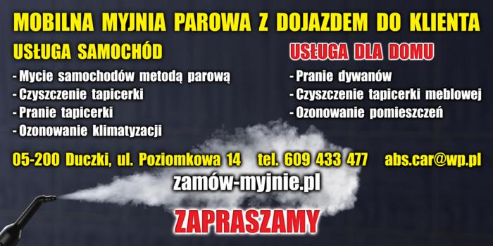 Reklama mobilnej myjni parowej z dojazdem, oferującej usługi dla samochodów (mycie parowe, czyszczenie i pranie tapicerki, ozonowanie klimatyzacji) oraz dla domu (pranie dywanów, czyszczenie...