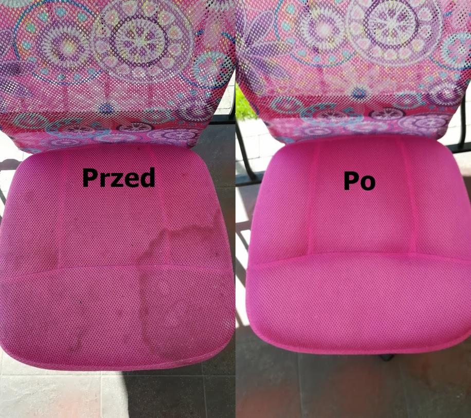 Różowy fotel biurowy z tapicerką: po lewej stronie widoczne wyraźne zabrudzenia, podpisane 'Przed', po prawej stronie wyczyszczony fotel, podpisany 'Po'.