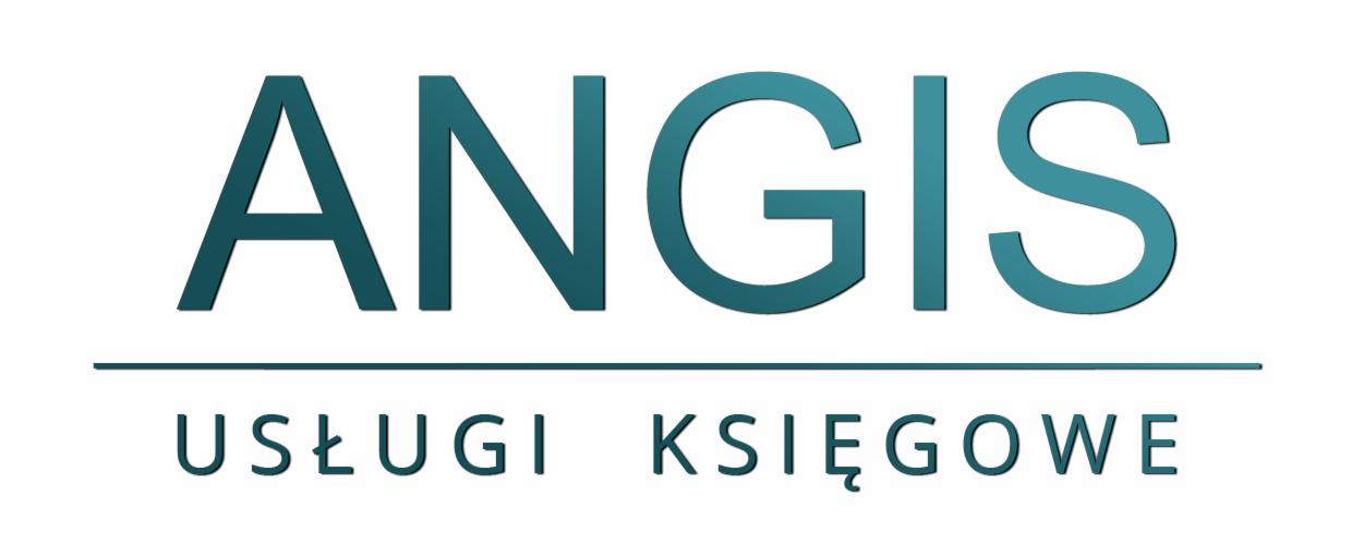 Turkusowe logo 'ANGIS' nad napisem 'USŁUGI KSIĘGOWE' na białym tle, podkreślone poziomą linią. Minimalistyczny design, wyraźna czcionka.