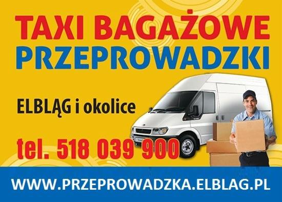 Reklama firmy przeprowadzkowej z Elbląga: biały bus, uśmiechnięty pracownik z kartonami, żółte tło z napisem 'TAXI BAGAŻOWE PRZEPROWADZKI' i numerem telefonu.
