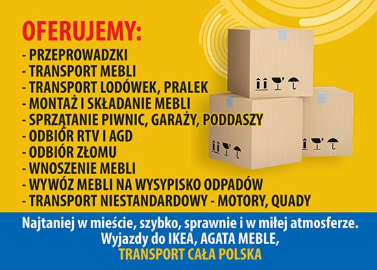 Ogłoszenie firmy oferującej usługi transportowe i przeprowadzkowe, z listą usług i trzema kartonowymi pudłami z symbolami delikatnego traktowania.