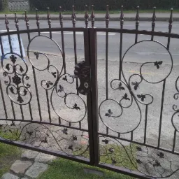 Kuta brama wjazdowa z dekoracyjnymi elementami roślinnymi, zamknięta. Widoczne detale zdobień i solidna konstrukcja bramy na tle ulicy i zieleni.