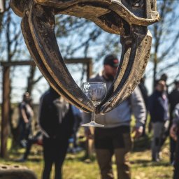 KRECIO - Kieliszek wina trzymany przez ramię koparki na tle grupy osób i zieleni. Nietypowe ujęcie z perspektywy maszyny budowlanej, podkreślające kontrast i zabawę.