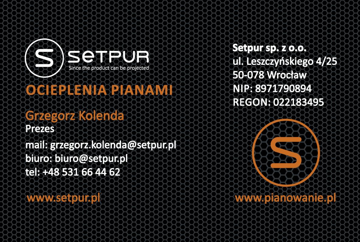 Wizytówka firmy Setpur z Wrocławia, specjalizującej się w ociepleniach pianami, zawierająca logo, dane kontaktowe i adres strony internetowej.