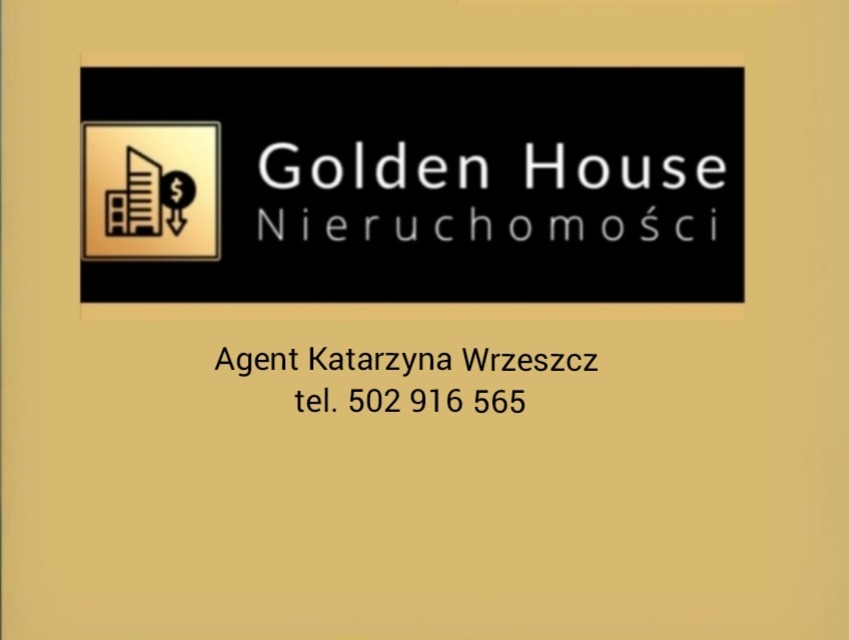 Logo firmy Golden House Nieruchomości z ikoną budynku i symbolem dolara, poniżej imię i nazwisko agenta oraz numer telefonu na złotym tle.