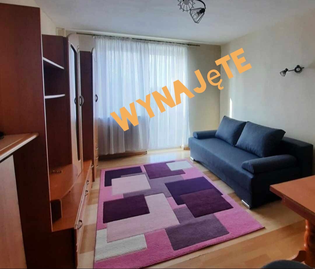 Pokój z ciemną sofą, kolorowym dywanem w geometryczne wzory, drewnianą meblościanką i zasłoniętym oknem, z napisem 'Wynajęte' na zdjęciu.