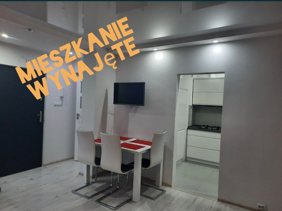 Jasne wnętrze mieszkania z widokiem na kuchnię, stół z czterema krzesłami, telewizor na ścianie, czarne drzwi.