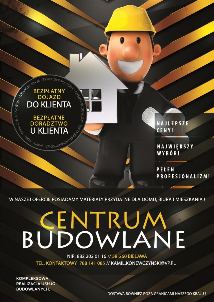 Grafika reklamowa Centrum Budowlane: animowany budowlaniec w kasku trzyma model domu, oferując bezpłatny dojazd i doradztwo. Promocja materiałów budowlanych.